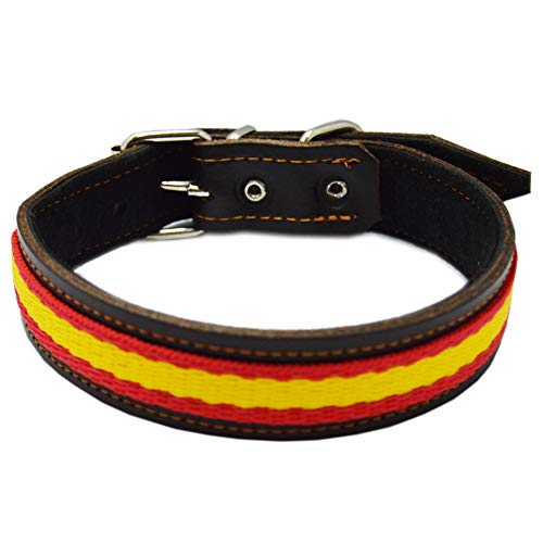 Collar para Perro Piel Flor con Bandera de España. 2,5 x 50 cms, Marrón