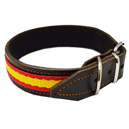 Collar para Perro Piel Flor con Bandera de España. 2,5 x 50 cms, Marrón