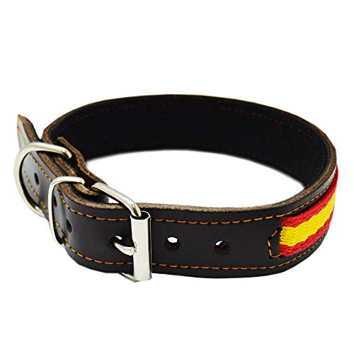 Collar para Perro Piel Flor con Bandera de España. 2,5 x 50 cms, Marrón