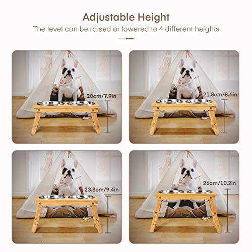 Comedero para Gatos y Perros, Dispensador con Soporte de Bambú, Altura Regulable, con 4 Cuencos de Acero Inoxidable