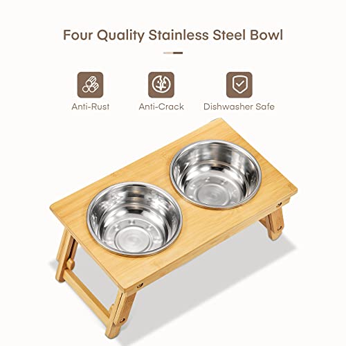 Comedero para Gatos y Perros, Dispensador con Soporte de Bambú, Altura Regulable, con 4 Cuencos de Acero Inoxidable
