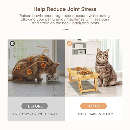 Comedero para Gatos y Perros, Dispensador con Soporte de Bambú, Altura Regulable, con 4 Cuencos de Acero Inoxidable
