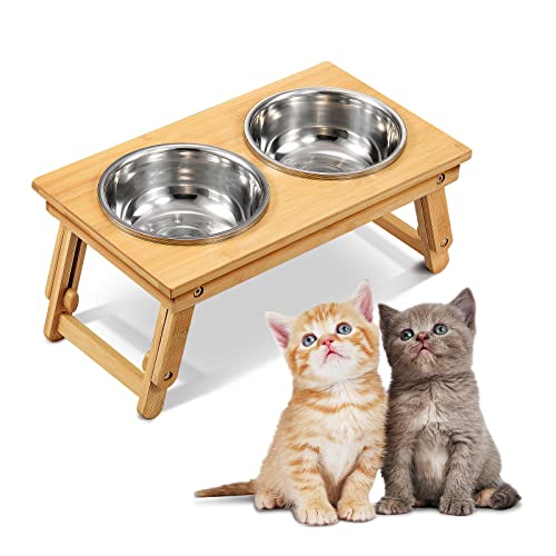 Comedero para Gatos y Perros, Dispensador con Soporte de Bambú, Altura Regulable, con 4 Cuencos de Acero Inoxidable