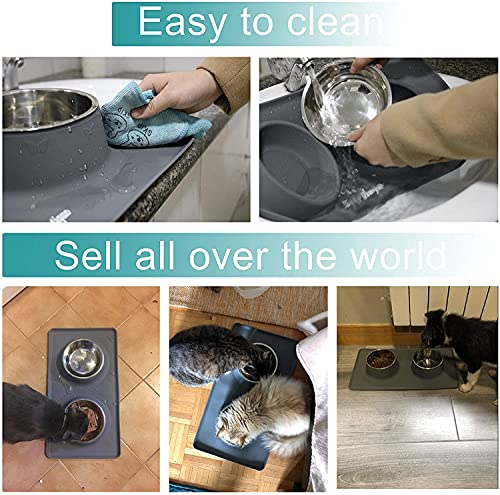 Comedero para Perro o Gato de Acero Inoxidable, Dos Cuencos con Alfombra Antideslizante de Silicona para Perros Medianos y Gatos (M, Gris)