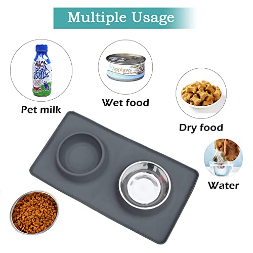 Comedero para Perro o Gato de Acero Inoxidable, Dos Cuencos con Alfombra Antideslizante de Silicona para Perros Medianos y Gatos (M, Gris)