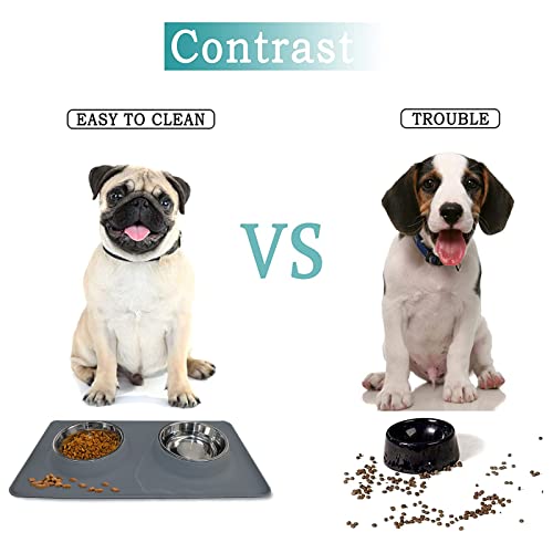 Comedero para Perro o Gato de Acero Inoxidable, Dos Cuencos con Alfombra Antideslizante de Silicona para Perros Medianos y Gatos (M, Gris)