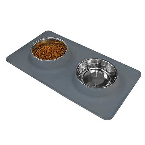 Comedero para Perro o Gato de Acero Inoxidable, Dos Cuencos con Alfombra Antideslizante de Silicona para Perros Medianos y Gatos (M, Gris)