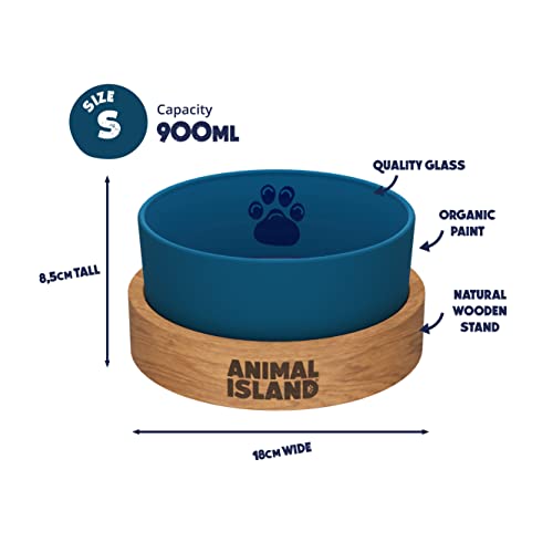 Comedero Perro de Cristal Soporte de Madera Antideslizante Comedero Bebedero Perro con Base de Madera Cuenco para Mascotas Pintado con Pintura Orgánica Boles de Vidrio (900 ml, Deep Sea Blue)