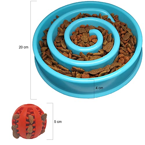 Comedero Perro Gato, Antivoracidad, ansioso. Cuenco, Bebedero, Bowl para Mascotas, Medianas, pequeñas. Tazón Lento Divertido Incluye Pelota Juguete, para Limpiar los Dientes y Buscar premios.