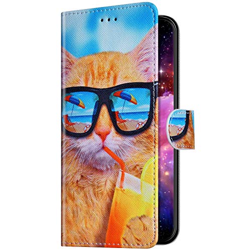 Compatible con Huawei P40 Lite, funda de piel con estampado multicolor, funda con cierre magnético, tarjetero, resistente a los arañazos, estilo libro, gafas de gato