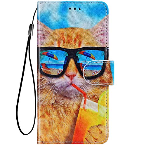 Compatible con Huawei P40 Lite, funda de piel con estampado multicolor, funda con cierre magnético, tarjetero, resistente a los arañazos, estilo libro, gafas de gato