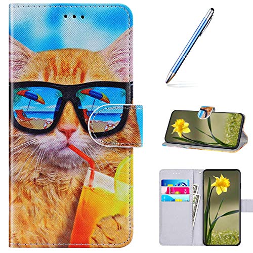 Compatible con Huawei P40 Lite, funda de piel con estampado multicolor, funda con cierre magnético, tarjetero, resistente a los arañazos, estilo libro, gafas de gato