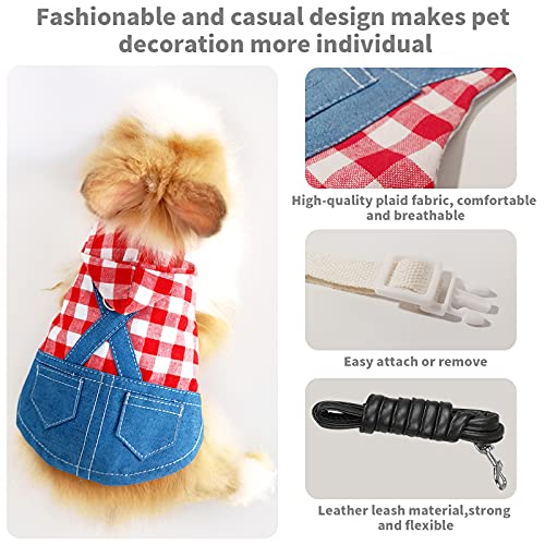 Conjunto Arnés y Correa Conejo, Correa Mezclilla Transpirable Informal Moda con Correa Cuero Cómoda de 1.25m para Animales Pequeños,Juegos al Aire Libre,Caminar (Cuadros Rojo, Medium)
