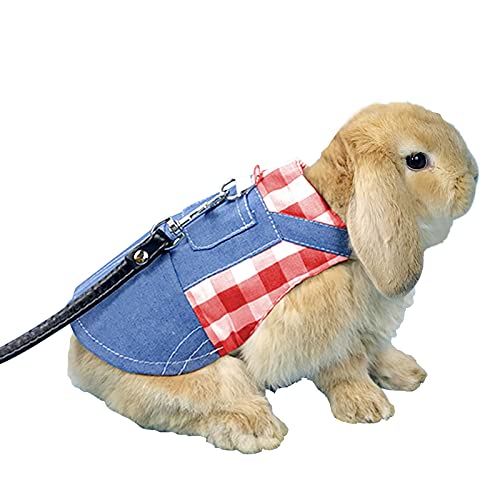 Conjunto Arnés y Correa Conejo, Correa Mezclilla Transpirable Informal Moda con Correa Cuero Cómoda de 1.25m para Animales Pequeños,Juegos al Aire Libre,Caminar (Cuadros Rojo, Medium)