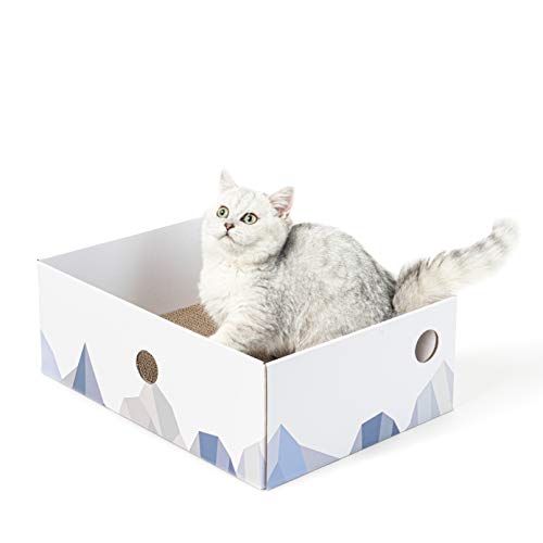 Conlun - Alfombrillas rascadoras para Gatos, Poste rascador para Gatos, rascador portátil de cartón Corrugado para Gatos con Caja para rascar Gatos y diseño de Orificio Interactivo - Grande - Blanco