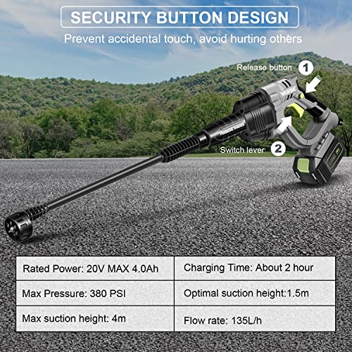 Cordless Pressure Washer, 20V 4.0Ah MAX 380 PSI VARSK Portable Pressure Washer, Battery and Charger Included, Suitable for...