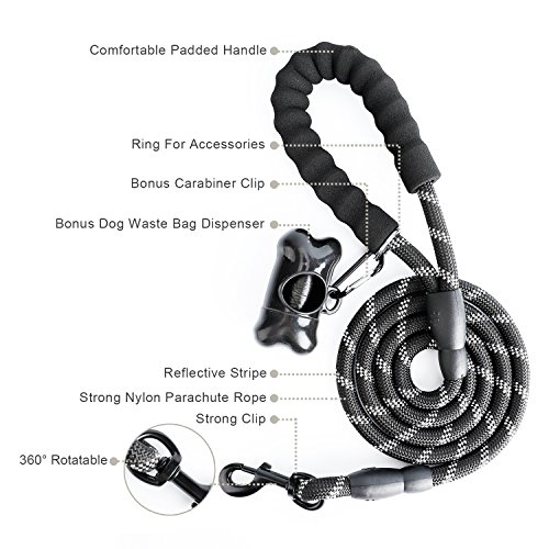 Correa Perro, 1,5m Correa de Perro Fuerte con Mango Acolchado, Hilos Altamente Reflectantes, Bolsas para excrementos de Perro con dispensador para Perros Pequeños, Medianos y Grandes, Negro