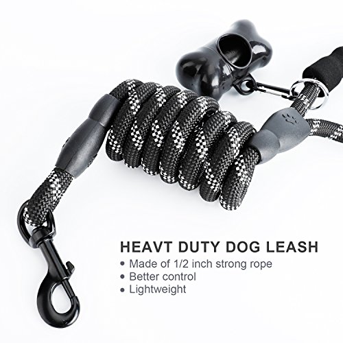 Correa Perro, 1,5m Correa de Perro Fuerte con Mango Acolchado, Hilos Altamente Reflectantes, Bolsas para excrementos de Perro con dispensador para Perros Pequeños, Medianos y Grandes, Negro