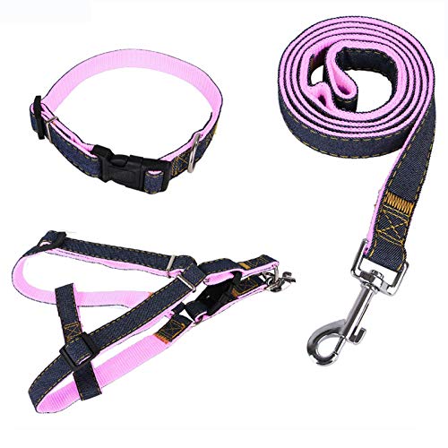 Correas para Perros y Correa para el Pecho para Perros y Collar para Perros Traje de Tres Piezas, Material de Mezclilla, Adecuado para Perros y Gatos pequeños y medianos (Rosa, XS)