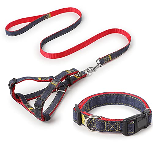Correas para Perros y Correa para el Pecho para Perros y Collar para Perros Traje de Tres Piezas, Material de Mezclilla, Adecuado para Perros y Gatos pequeños y medianos (Rojo, S)