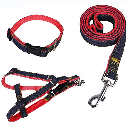 Correas para Perros y Correa para el Pecho para Perros y Collar para Perros Traje de Tres Piezas, Material de Mezclilla, Adecuado para Perros y Gatos pequeños y medianos (Rojo, S)