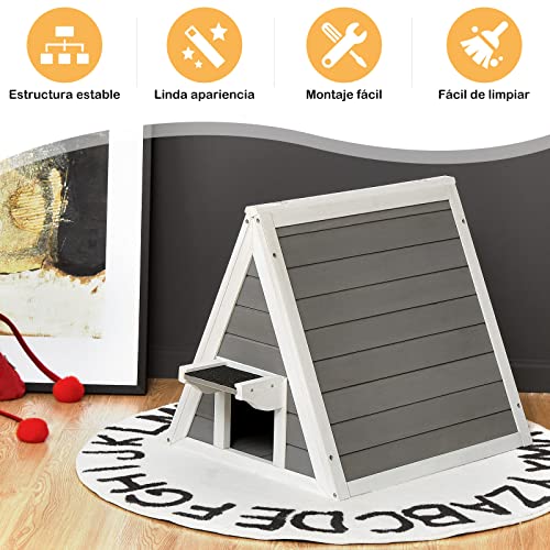 COSTWAY Casita Triangular de Madera con Techo Resistente a la Intemperie para Gatos, Alero Asfaltado, Refugio de Madera para Gatos, Casita de Madera de Abeto con Circulación del Aire