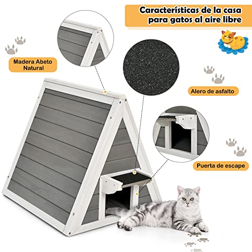 COSTWAY Casita Triangular de Madera con Techo Resistente a la Intemperie para Gatos, Alero Asfaltado, Refugio de Madera para Gatos, Casita de Madera de Abeto con Circulación del Aire