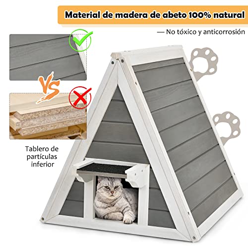 COSTWAY Casita Triangular de Madera con Techo Resistente a la Intemperie para Gatos, Alero Asfaltado, Refugio de Madera para Gatos, Casita de Madera de Abeto con Circulación del Aire