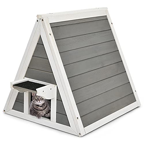 COSTWAY Casita Triangular de Madera con Techo Resistente a la Intemperie para Gatos, Alero Asfaltado, Refugio de Madera para Gatos, Casita de Madera de Abeto con Circulación del Aire
