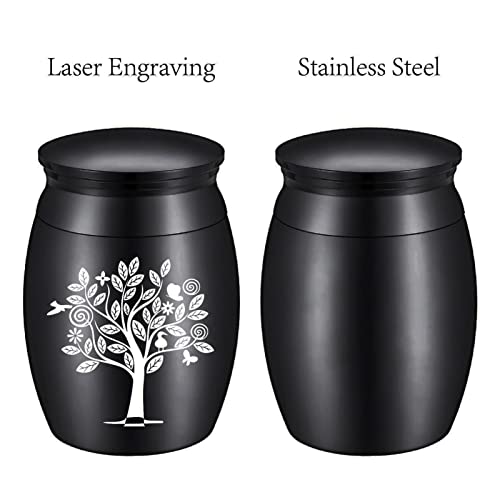 CREATCABIN Urna Mini Árbol de la Vida Pájaros Corazón Cenizas para Mascotas Pequeño Recuerdo Recipiente para Cremación de Acero Inoxidable Impermeable 1.18x1.57 Pulgada Negro