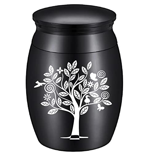 CREATCABIN Urna Mini Árbol de la Vida Pájaros Corazón Cenizas para Mascotas Pequeño Recuerdo Recipiente para Cremación de Acero Inoxidable Impermeable 1.18x1.57 Pulgada Negro