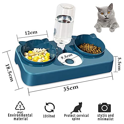 Cuenco del Gato, 3 en 1 Cuenco del Gato Doble Tazón, 15°Inclinación Tazón de Alimentación para Gatos, Cuenco para Comer con Botella de Agua dispensador de Agua, para Gatos Perros