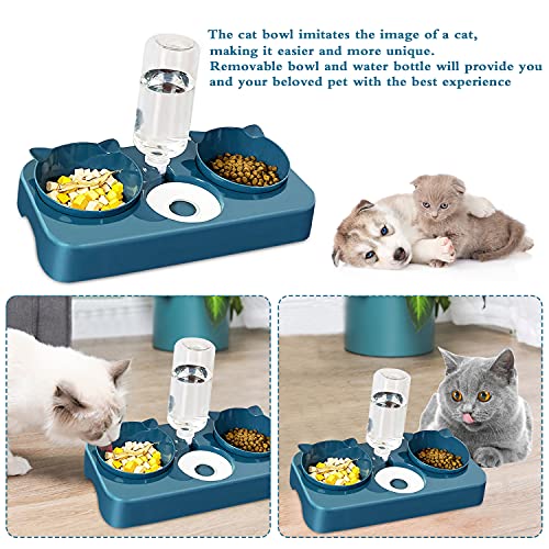 Cuenco del Gato, 3 en 1 Cuenco del Gato Doble Tazón, 15°Inclinación Tazón de Alimentación para Gatos, Cuenco para Comer con Botella de Agua dispensador de Agua, para Gatos Perros