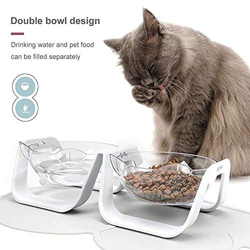 Cuenco del Gato, Cuencos para Gatos Ajustable, Comedero para Mascotas, Transparente, 15° Inclinable, Cuenco Doble, para la Alimentación y el Agua Potable de Gatos y Perros Pequeños (Blanco)