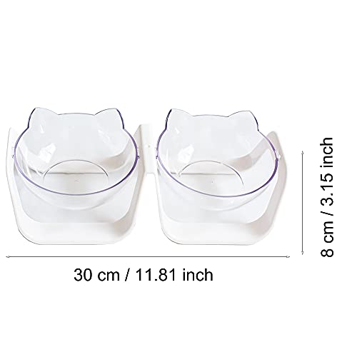 Cuenco del Gato, Cuencos para Gatos Ajustable, Comedero para Mascotas, Transparente, 15° Inclinable, Cuenco Doble, para la Alimentación y el Agua Potable de Gatos y Perros Pequeños (Blanco)