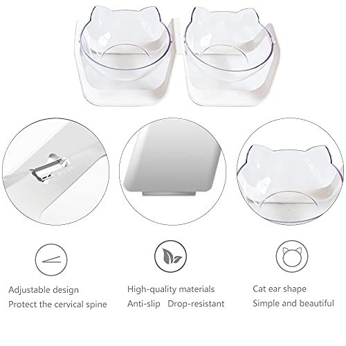 Cuenco del Gato, Cuencos para Gatos Ajustable, Comedero para Mascotas, Transparente, 15° Inclinable, Cuenco Doble, para la Alimentación y el Agua Potable de Gatos y Perros Pequeños (Blanco)