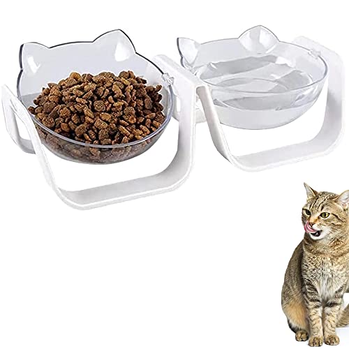 Cuenco del Gato, Cuencos para Gatos Ajustable, Comedero para Mascotas, Transparente, 15° Inclinable, Cuenco Doble, para la Alimentación y el Agua Potable de Gatos y Perros Pequeños (Blanco)
