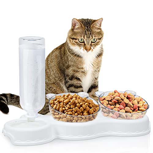 Cuenco del Gato Doble Tazón,3 en 1 Cuenco Doble para Mascotas,15°Inclinación Tazón de Alimentación para Gatos,con Bebedero Automático,Se Puede Utilizar para Gatos y Cachorros (5#)