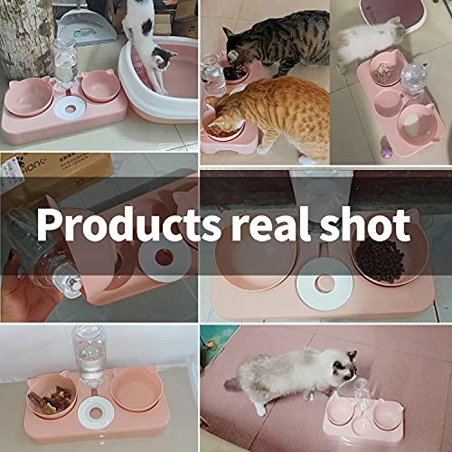 Cuenco del Gato Doble Tazón,Cuenco Doble para Mascotas,15°Inclinación Tazón de Alimentación para Gatos,Comederos Gatos Elevado 3 en 1 con Bebedero Automático,Antideslizante, para gatos perros(Rosa)
