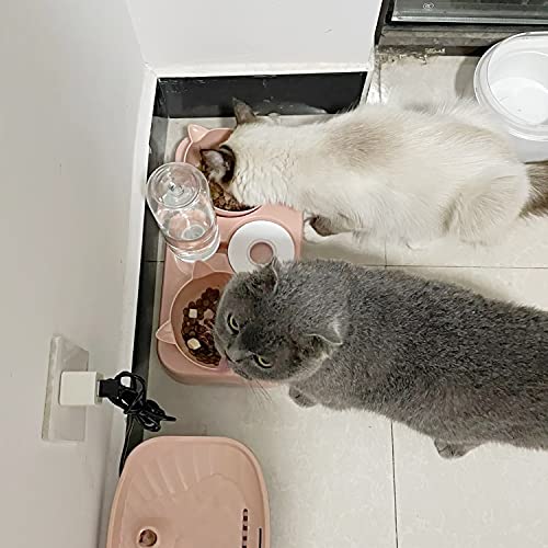 Cuenco del Gato Doble Tazón,Cuenco Doble para Mascotas,15°Inclinación Tazón de Alimentación para Gatos,Comederos Gatos Elevado 3 en 1 con Bebedero Automático,Antideslizante, para gatos perros(Rosa)