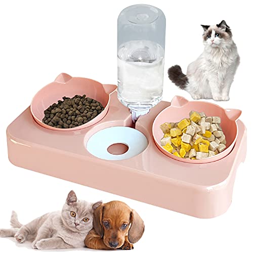 Cuenco del Gato Doble Tazón,Cuenco Doble para Mascotas,15°Inclinación Tazón de Alimentación para Gatos,Comederos Gatos Elevado 3 en 1 con Bebedero Automático,Antideslizante, para gatos perros(Rosa)