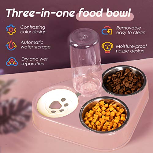 Cuenco del Gato Doble Tazón,Tazón de Alimentación para Gatos 3 en 1Comederos Gatos Elevado de Acero Inoxidable con Bebedero Automático,Se Puede Utilizar para Gatos y Cachorros (Rosa)
