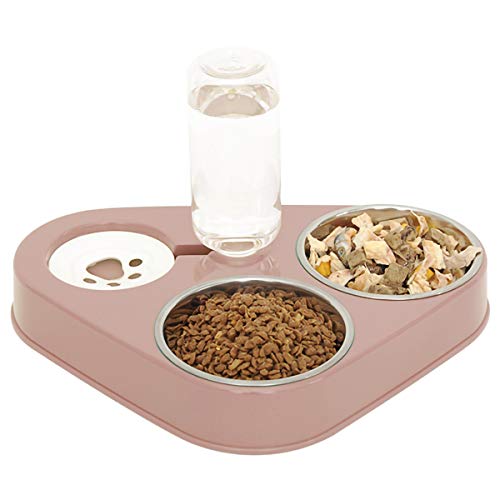 Cuenco del Gato Doble Tazón,Tazón de Alimentación para Gatos 3 en 1Comederos Gatos Elevado de Acero Inoxidable con Bebedero Automático,Se Puede Utilizar para Gatos y Cachorros (Rosa)