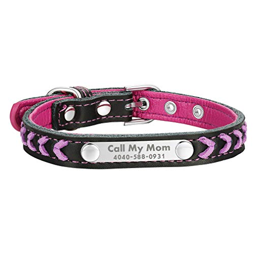 Custom4U Personalizado Collar ID para Perros Correas Educativa PU para Mascotas Talla S Color Violado Placa de Identificación con Nombres y Teléfonos Grabados