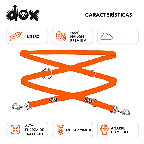 DDOXX Correa Perro de Nailon, Ajustable en 3 Direcciones, 2 m | Correas para Perros Grandes y Pequeños | Correa Doble para Perros, Gatos, Cachorros | Correa para Correr | Naranja, M