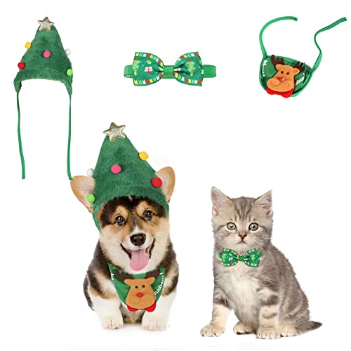 Dereine Disfraz de Navidad para Mascotas para Perros y Gatos de 3 Piezas,Accesorios para Disfraces de Mascotas Gorro de Navidad Adecuado para Perros y Gatos Pequeños (C)