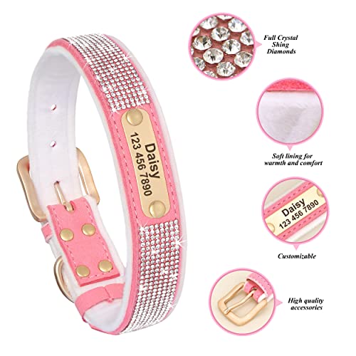 Didog Collares de perro personalizados de terciopelo suave, collares de diamantes de imitación personalizados con forro cálido para perros y gatos pequeños, medianos y grandes, rosa, M