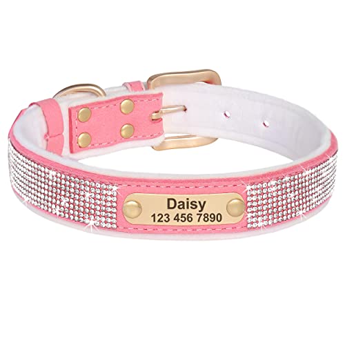 Didog Collares de perro personalizados de terciopelo suave, collares de diamantes de imitación personalizados con forro cálido para perros y gatos pequeños, medianos y grandes, rosa, M