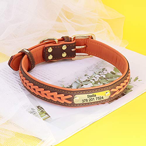 Didog - Collares para perro de piel personalizada con placa de latón grabada – Cuero trenzado suave acolchado personalizado – Collares ajustables para mascotas para perros pequeños, medianos y grandes