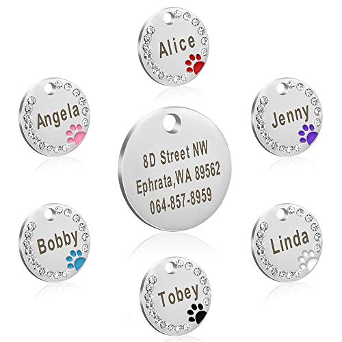 Didog-Etiquetas de identificación para Mascotas,de Acero Inoxidable,Personalizadas,con Cristales Redondos,con diseño de Huellas de Pata,con Grabado láser de Doble Cara,para Perros y Gatitos